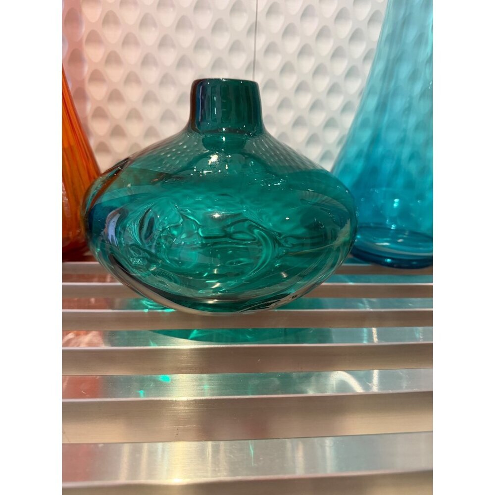 Hand Blown Mid-century Modern Art Heavy  Glass Pinched Vase Green Collectible